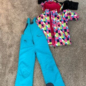 Colorful Geometric Kids Jacket & Blue Snow Pants Set snow bib and jacket